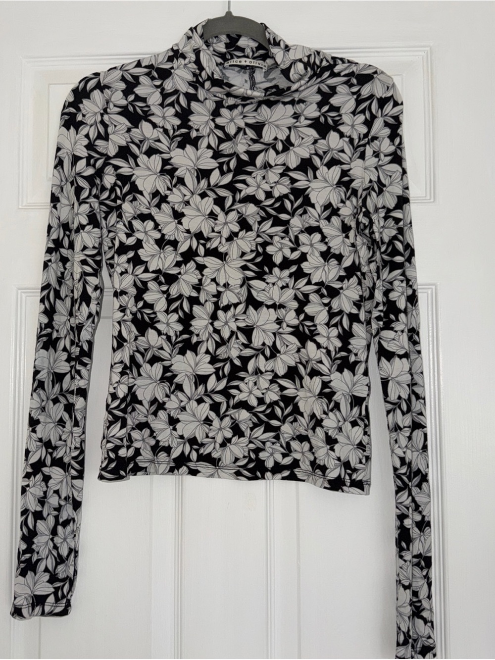 Alice + Olivia Black and White Floral Long-Sleeve Mock Neck Top